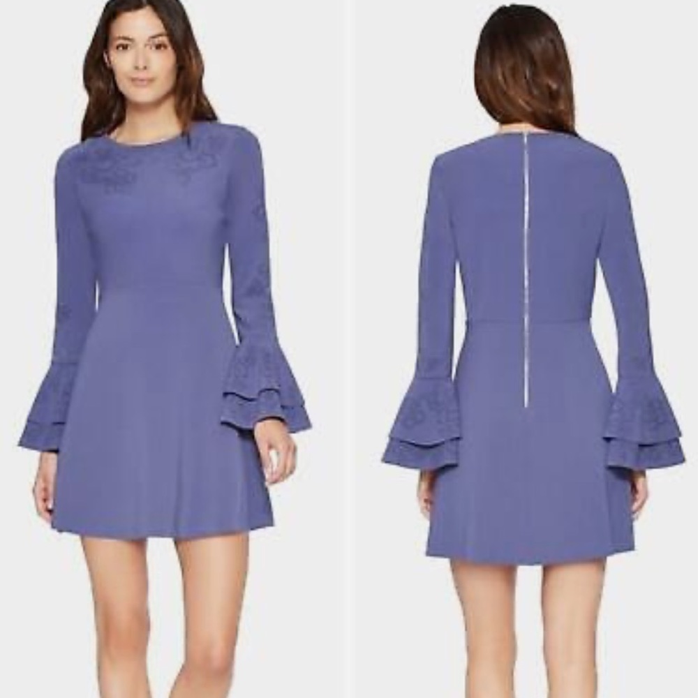 Parker Eclipse Orlando Laser Cut Bell Sleeve Mini Dress in Blue Size 2